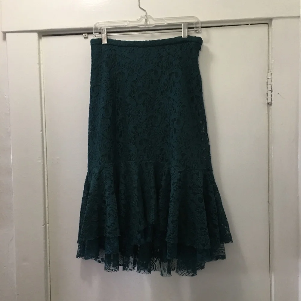 Anthropologie Teal Lace Asymmetrical Hem Skirt